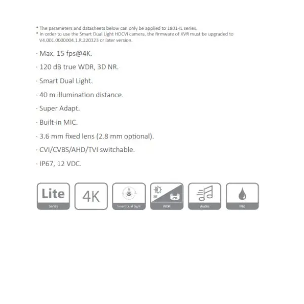 CAMARA HDCVI DOMO 8MP FULL COLOR *METALICA *MAX. 15 fps@4K *MIC INTEGRADO *DIST. ILUM. 40M *ILUMINACIÓN DUAL INTELIGENTE *LENTE 2.8MM *CVI/CVBS/AHD/TVI *IP67 DAHUA HAC-HDW1801T-IL-A-0280-S2 - Imagen 1