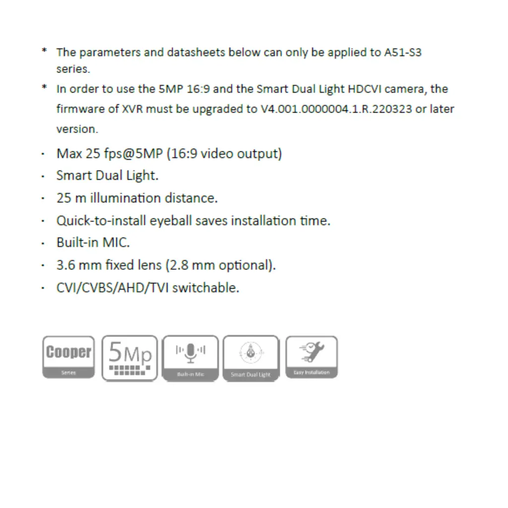 CAMARA HDCVI DOMO COOPER 5MP *SMART DUAL LIGHT *MIC INTEGRADO *MAX. 25 FPS@5MP (16:9) *DIST. ILUMINACION 25M *LENTE 2.8MM *CVI/CVBS/AHD/TVI *FACIL INSTALACIÓN DAHUA HAC-T1A51-U-IL-A-S3-DIP - Imagen 1