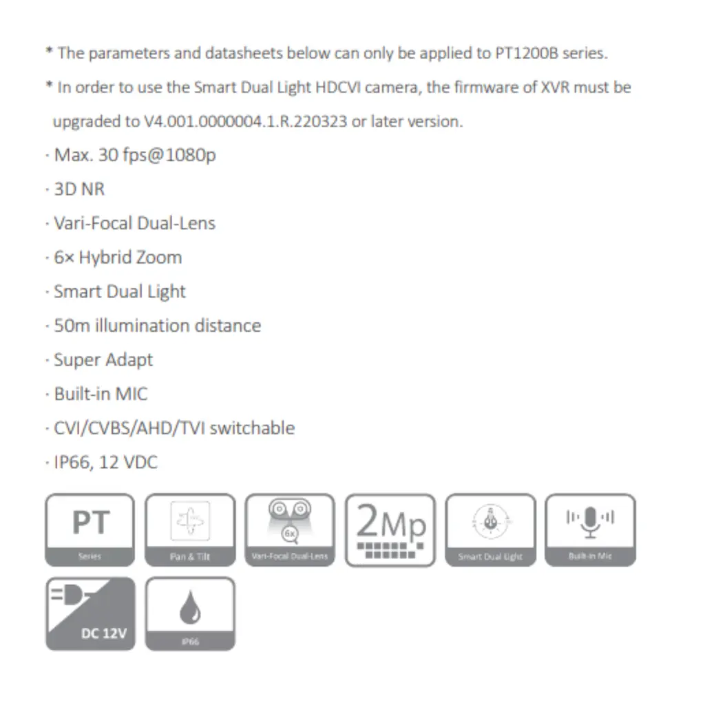 CAMARA HDCVI PT VARIFOCAL 2MP DUAL LIGHT *PLASTICA *MAX. 30 fps@1080p *ZOOM HIBRIDO 6X *DIST. ILUM. 50M *MIC INTEGRADO * CVI/CVBS/AHD/TVI *IP66 DAHUA HAC-PT1200B-IL-A-E2Z-2860 - Imagen 1