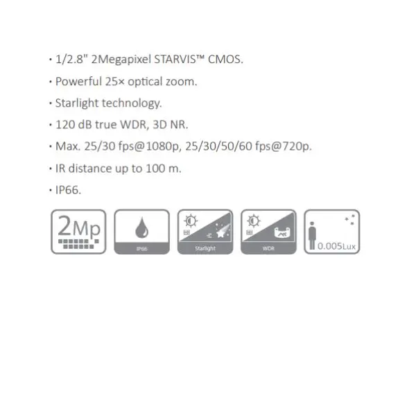 CAMARA HDCVI PTZ 2MP *25X *SENSOR 1/2.8" STARVIS™ CMOS *WDR, 3D NR *MAX. 25/30 FPS@1080P *IR MAX 100M *IP66 *ZOOM DIGITAL 16X *1RS485 *ALARMA 2I/1O DAHUA DH-SD49225DBN-HC - Imagen 1