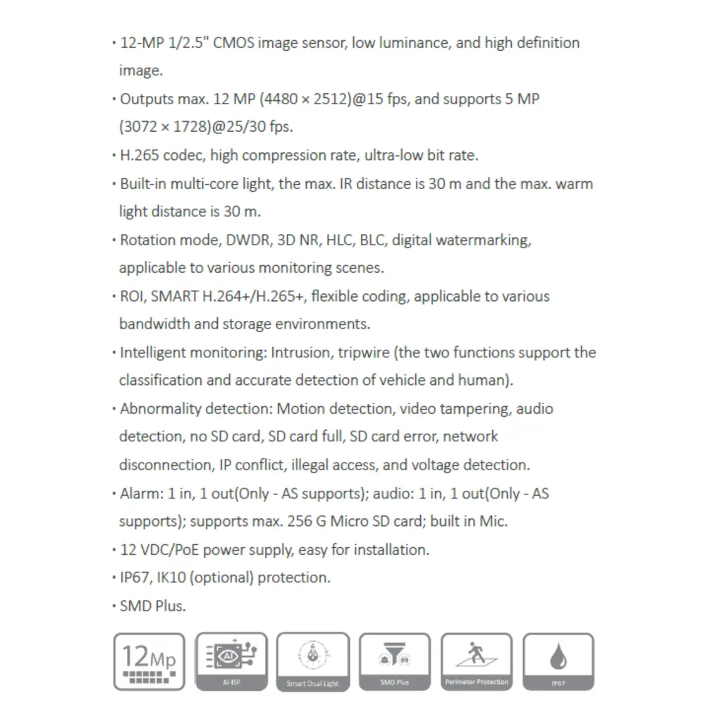 CAMARA IP BALA 12MP WIZSENSE *SMART DUAL LIGTH *SENSOR 1/2.5" CMOS *DIST. ILUM. 30M *ALARMA 1IN/1OUT *AUDIO 1IN/1OUT *RANURA MICRO SD MAX 256GB *POE *IP67 DAHUA IPC-HFW21249T-AS-IL-28-S2 - Imagen 1