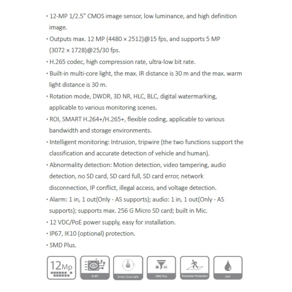 CAMARA IP BALA 12MP WIZSENSE *SMART DUAL LIGTH *SENSOR 1/2.5" CMOS *DIST. ILUM. 30M *RANURA MICRO SD MAX 256GB *POE *IP67 *MIC INTEGRADO DAHUA IPC-HFW21249T-S-IL-28-S2 - Imagen 1