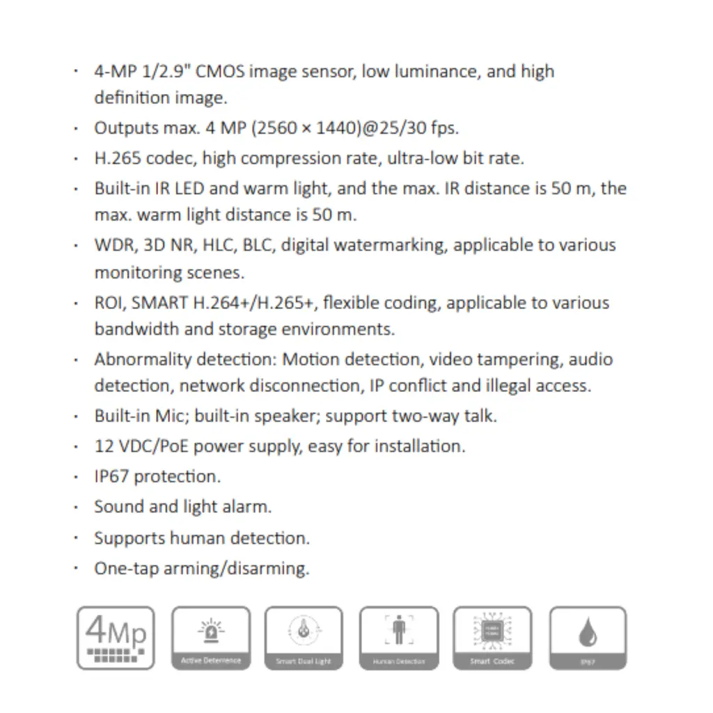 CAMARA IP BALA 4MP CON DISUACIÓN ACTIVA *SENSOR 1/2.9" CMOS *METAL/PLASTICA *DIST. IR Y MAX. LUZ CALIDA 50M *SOPORTA AUDIO DOBLE VIA *POE *IP67 *DETEC. PERSONAS DAHUA IPC-HFW1439TL1-PV-0280-S6 - Imagen 1