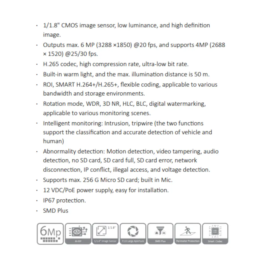 CAMARA IP BALA 6MP WIZCOLOR WIZSENSE *METALICA *SENSOR 1/1.8" CMOS *DIST. ILUM. 50M *RANURA MICRO SD HASTA 256GB *MIC INTEGRADO *12 VDC/PoE *IP67 *SMD PLUS DAHUA IPC-HFW2649TL-S-LED-28-PR - Imagen 1