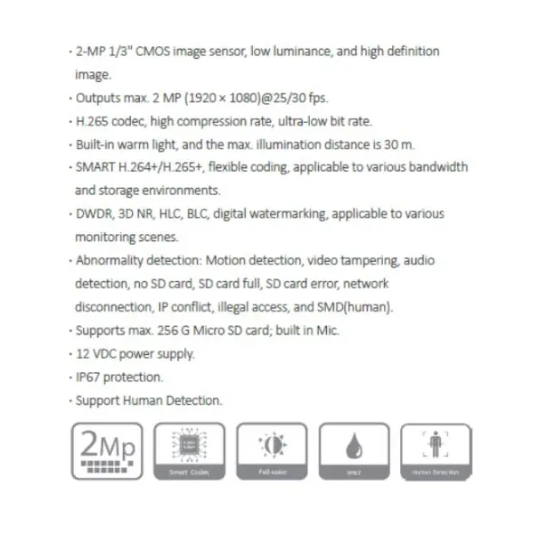 CAMARA IP BALA WIFI 2MP FULL COLOR *SENSOR 1/3" CMOS *LENTE 2.8MM *DIST. ILUM. 30M *SMART H.264+/H.265+ *DWDR, 3D NR, HLC, BLC *SLOT MICRO SD HASTA 256GB *IP67 DAHUA IPC-HFW1239DQ-LED-SAW-028 - Imagen 1