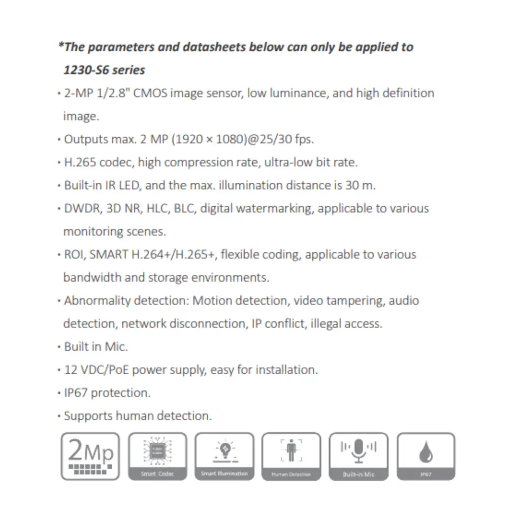 CAMARA IP DOMO 2MP CON AUDIO *METAL/PLASTICA *SENSOR 1/2.8" CMOS *DIST. ILUMINACIÓN 30M *DWDR, 3D NR, HLC, BLC *MIC INTEGRADO *12 VDC/PoE *IP67 *1 RJ45 DAHUA IPC-HDW1230T1P-A-0280B-S6 - Imagen 1