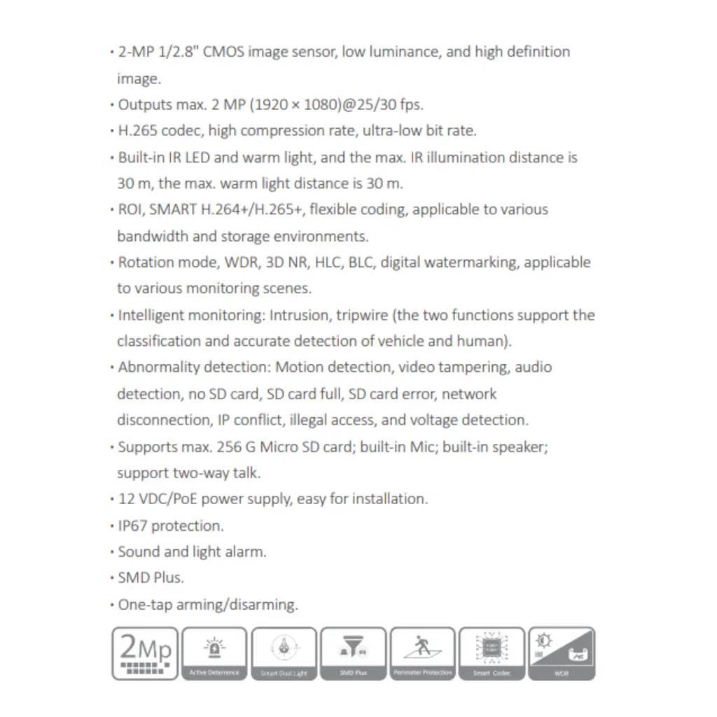 CAMARA IP DOMO 2MP WIZSENSE *CON DISUACIÓN ACTIVA Y SMART DUAL LIGHT *SENSOR 1/2.8" CMOS *DIST. ILUM MAX 30M *WDR, 3D NR, HLC, BLC *MICRO SD MAX 256GB *IP67 DAHUA IPC-HDW2249TP-S-PV-0280B - Imagen 1