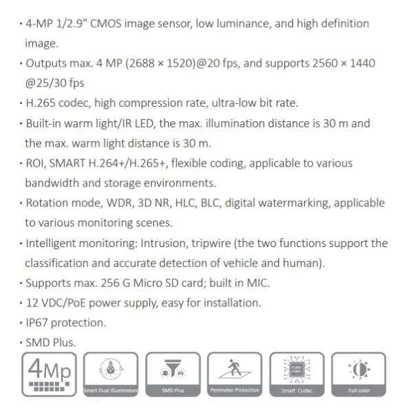 CAMARA IP DOMO 4MP FULL COLOR WIZSENSE *LENTE 2.8MM *SENSOR 1/2.9" CMOS *H.265 *DIST. ILUM 30M *MONITOREO INTELIGENTE *SLOT MICRO SD MAX 256G *IP67 *SMD PLUS DAHUA IPC-HDW2449TP-S-IL-0280B - Imagen 1