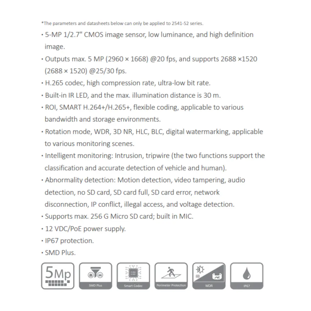 CAMARA IP DOMO 5MP WIZSENSE *METAL/PLASTICA *SENSOR 1/2.7" CMOS *IR MAX 30M *RANURA MICRO SD HASTA 256GB *MIC INTEGRADO *12 VDC/PoE *IP67 *SMD PLUS DAHUA IPC-HDW2541TP-S-0280B-S2 - Imagen 1