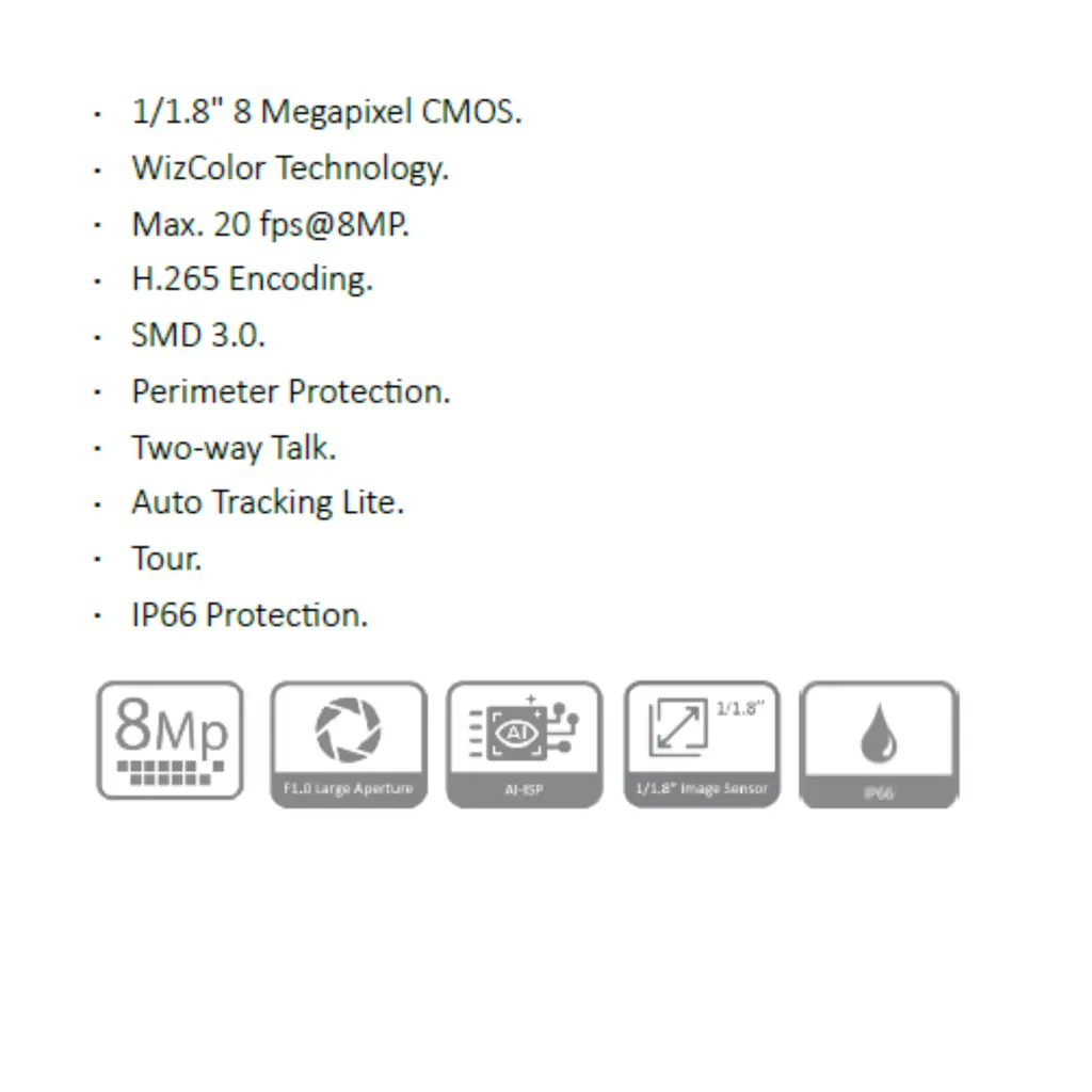 CAMARA IP PT 8MP WIZCOLOR *SENSOR 1/1.8" CMOS *MAX. 20 fps@8MP *SMD 3.0 *AUDIO BIDIRECCIONAL *AUTO TRACKING LITE *IP66 *PROTECCION PERIMTRAL DAHUA IPC-PT2849C1-S-PV-LED36PR - Imagen 1