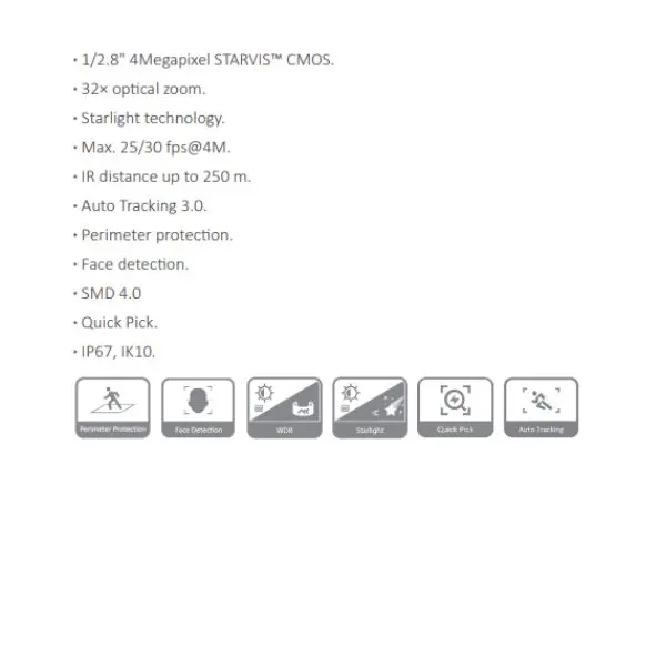 CAMARA IP PTZ 4MP CON 32X ZOOM *SENSOR 1/2.8" STARVIS CMOS *TECNOLOGIA STARLIGHT *DIST. IR MAX 250M *AUTO TRACKING 3.0 *PROTEC. PERIMETRAL *SMD 4.0 *IP67/IK10 DAHUA DH-SD6CE432GB-HNR - Imagen 1