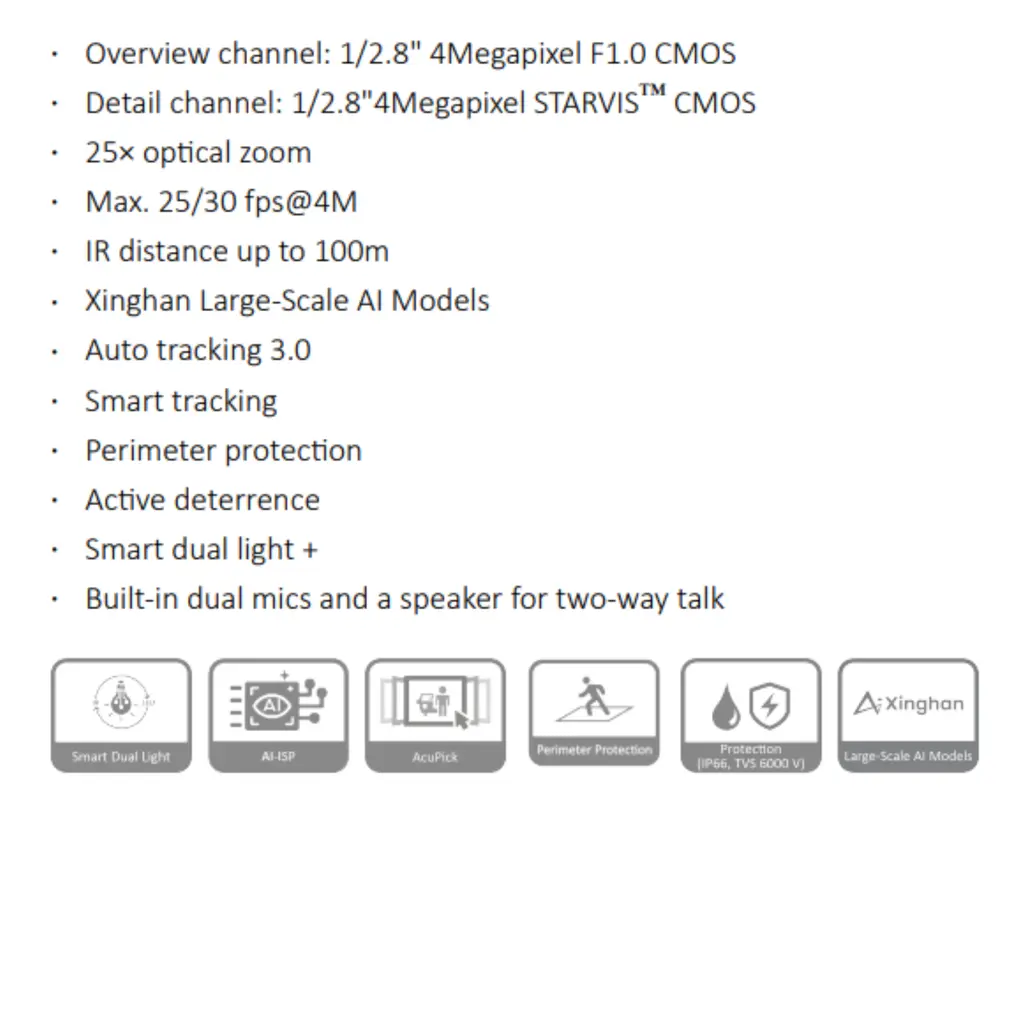 CAMARA IP PTZ DOBLE LENTE 4M +4MP  *ZOOM OPTICO 25X *DIST. IR 100M *AUTO TRACKING *DISUACIÓN ACTIVA* AUDIO BIDIRECCIONAL *IP66 *RANURA MICRO SD HASTA 512GB DAHUA SDT4E425-4F-GB-A-PV1-S2 - Imagen 1
