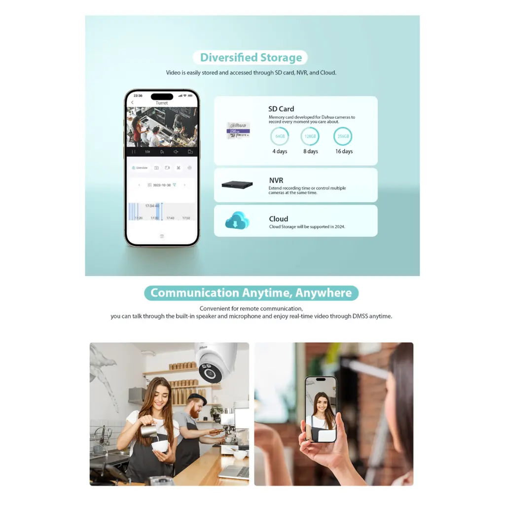 CAMARA IP WIFI DOMO 2MP *LENTE 2.8MM *DETECCIÓN DE HUMANOS AI *DISUASIÓN ACTIVA *AUDIO BIDIRECCIONAL *IP67 *APP DMSS *MICRO SD HASTA 256GB *1 RJ45 DAHUA DH-IPC-T2AN-PV-0280B - Imagen 1