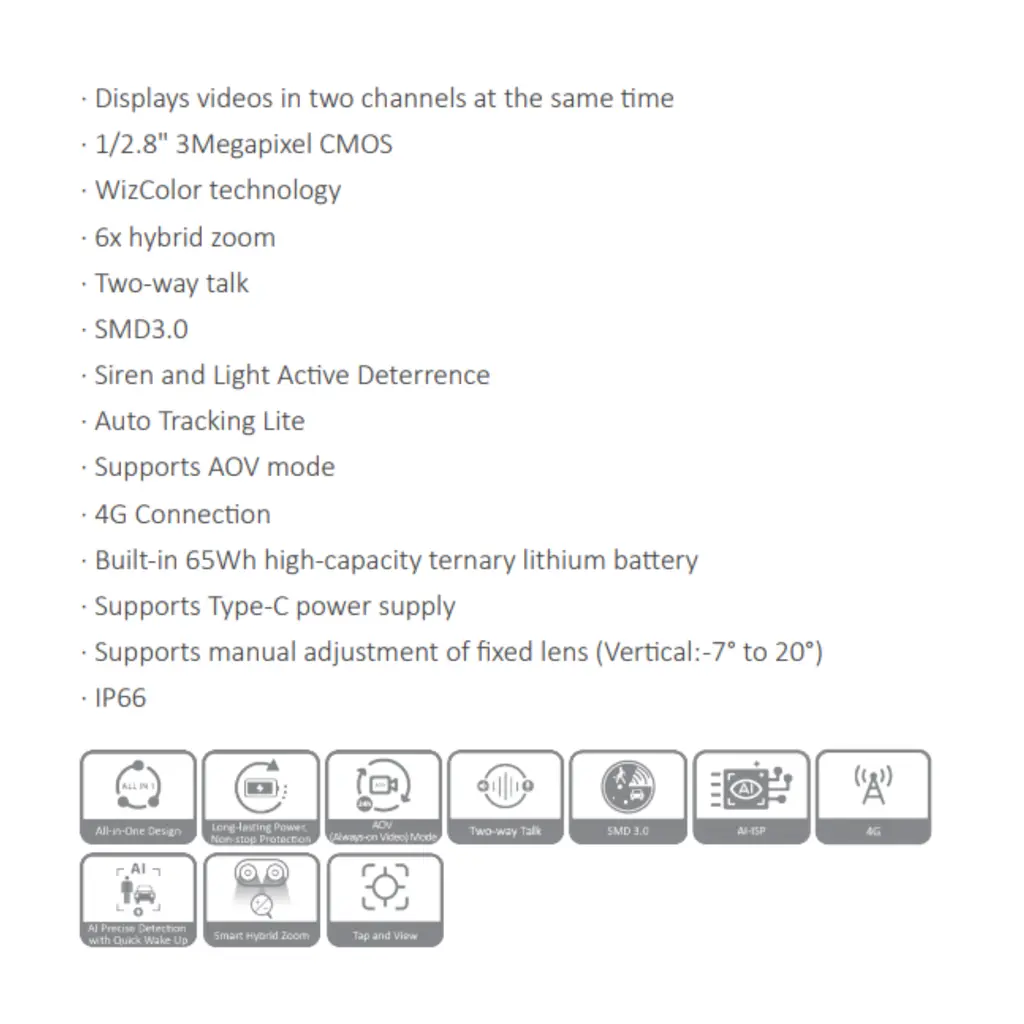 CAMARA PTZ 4G CON PANEL SOLAR *DOBLE LENTE 3MP + 3MP *SENSOR 1/2.8" CMOS *AUDIO BIDIRECCIONAL *SIRENA Y LUZ DE DISUACIÓN *IP66 *AOV *RASTERO INTELIGENTE DAHUA IPC-PTS2649DCP-3E3Z-S4G - Imagen 1