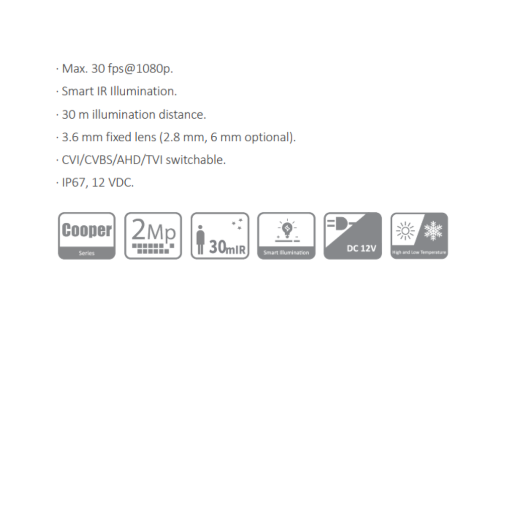 CAMARA HDCVI COOPER BALA 2MP PLASTICA *MAX IR 30M *LENTE 2.8MM *IP67 *BLC, DWDR *ILUMINACIÓN INTELIGENTE *CVI/CVBS/AHD/TVI - Imagen 3