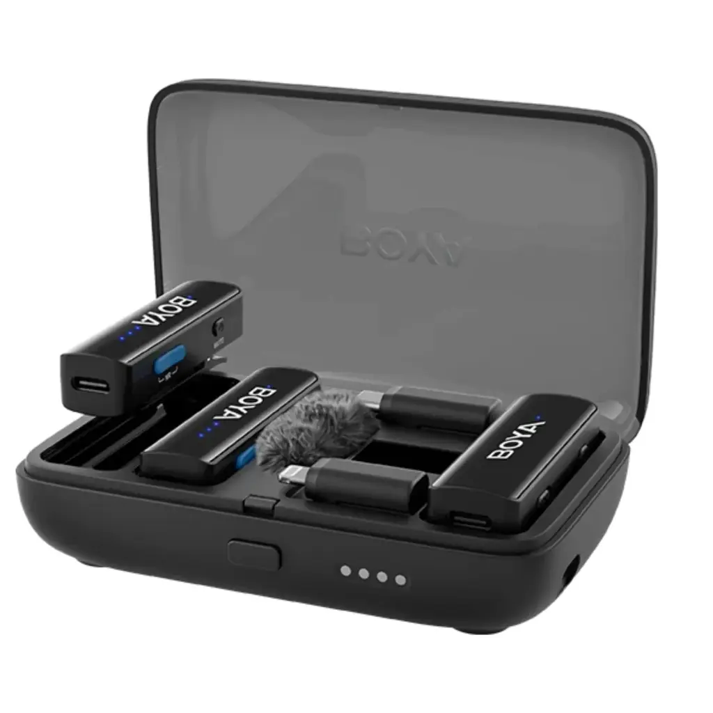 [BOYALINK V2.0] MICROFONO INALAMBRICO 3 EN 1*DOBLE CANAL 2.4GHz*ALCANCE 300M EN CAMPO ABIERTO*USB-C,LIGHTNING,TRS 3.5mm*BATERIA TX 30HR/RX 6HR*ESTUCHE CARGADOR