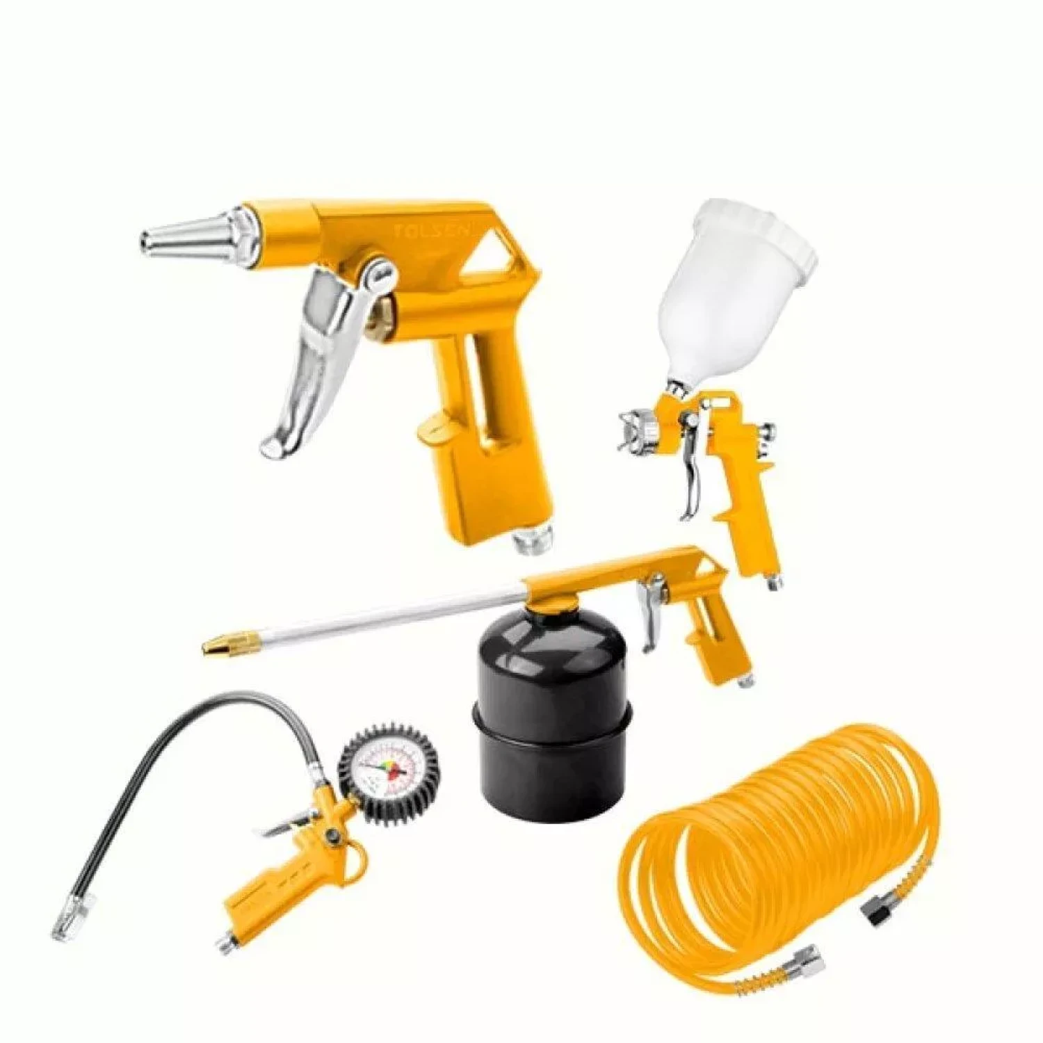 1 PISTOLA DE PINTAR 600ML, 1 PISTOLA DE AIRE 20MM, 1 INFLADOR 0-12 BAR Y 0-170 PSI, CONECTOR 1/4", 1 MANGUERA TIPO ESPIRAL,1 PISTOLA DE LAVADO 1000ML